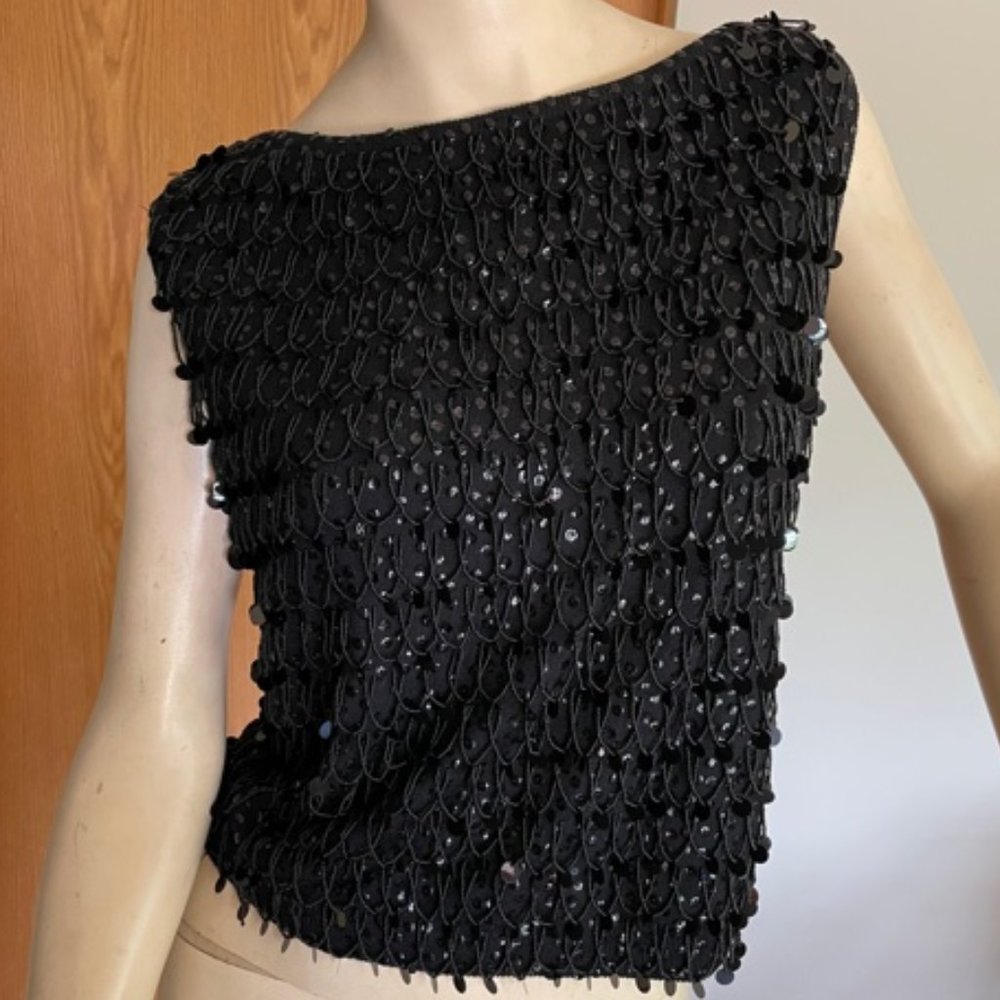 DAZZLING Vintage SLEEVELESS BLACK KNIT, SEQUINS & SEED BEADS Quality Workmanship